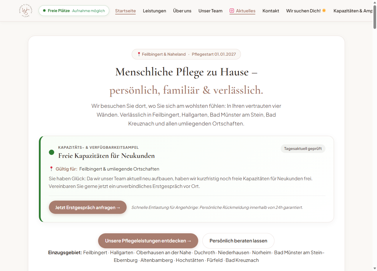 Screenshot der neuen Website von Wagner & Steinbach Pflege